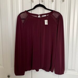 Burgundy blouse, round collar with pretty lace detailing, elastic cuff sleeves